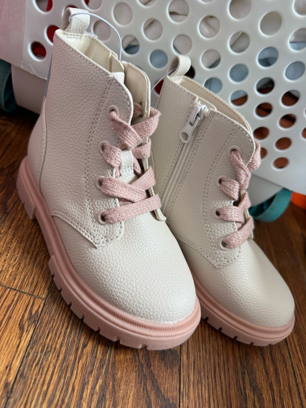 Toddler Cream and Pink Lace Up Combat Boots. NWT.